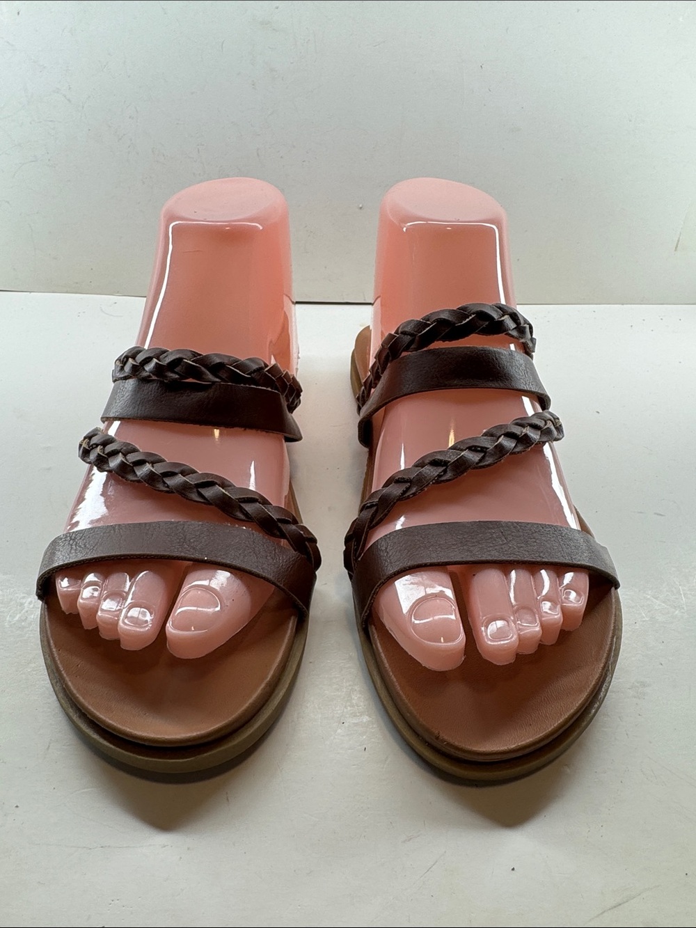 Braided Triple-Strap Slide Sandals for Women in Brown